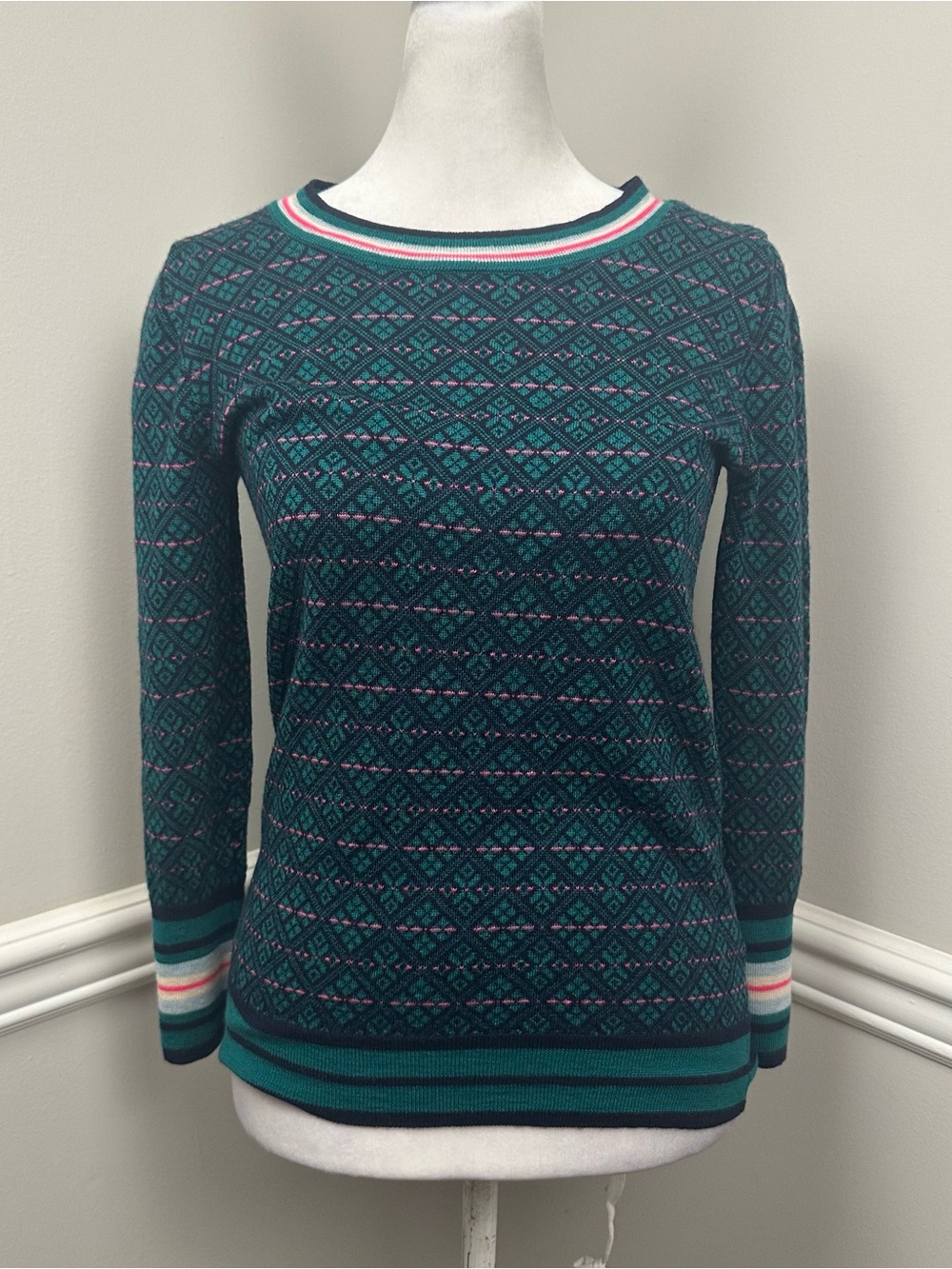 J. Crew Green Patterned Scoopneck Sweater with Pink & White Trim XS